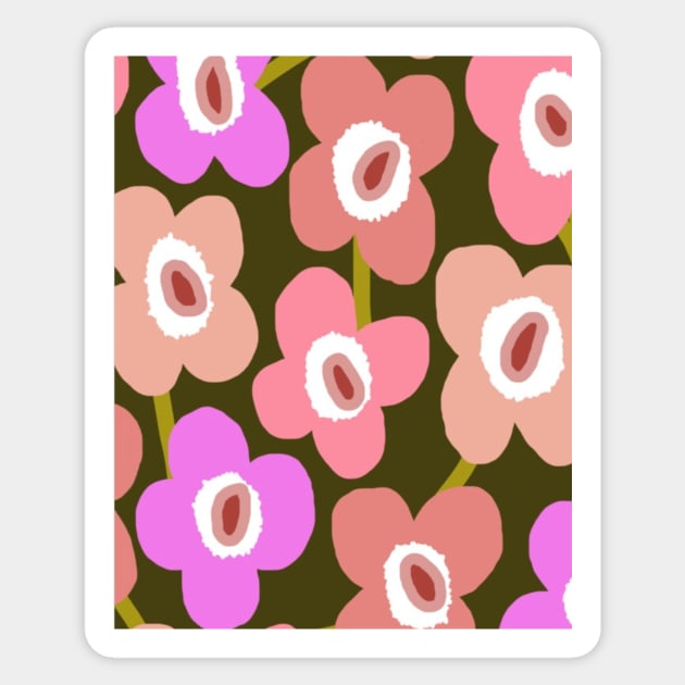 Retro Scandinavian Floral Pattern in Green and pink Sticker by Linnystore